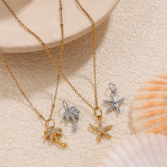 Beach Style Exquisite Inlaid Rhinestone Starfish Coconut Tree Pendant DIY Necklace Pendant Stainless Steel Bracelet Accessories