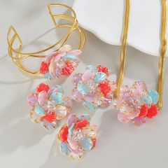 Vintage sweet pink stereo layer flower stainless steel necklace earrings bangle suit
