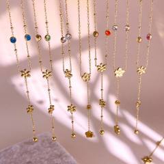 Dainty colorful cubic zircon five petal flower stainless steel necklace Y shape necklace long necklace