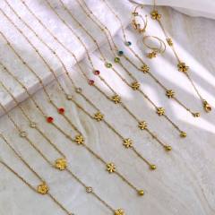 Dainty colorful cubic zircon five petal flower stainless steel necklace Y shape necklace long necklace