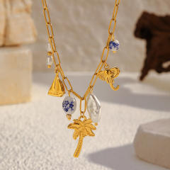 Ins Style 18K Gold Ocean Style Series Stainless Steel Necklace Starfish Shell Turtle Seahorse Fish charms necklace