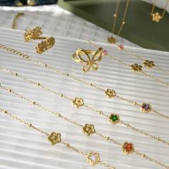 Dainty colorful cubic zircon five petal flower stainless steel necklace