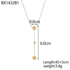 Dainty colorful cubic zircon five petal flower stainless steel necklace Y shape necklace long necklace