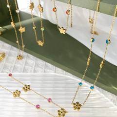 Dainty colorful cubic zircon five petal flower stainless steel necklace