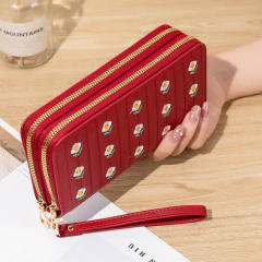 New Women's Long All-match Double Zipper Embroidered Large Capacity Mobile Phone Bag Clutch