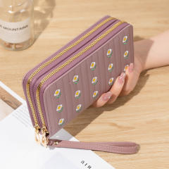 New Women's Long All-match Double Zipper Embroidered Large Capacity Mobile Phone Bag Clutch
