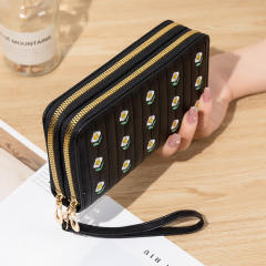 New Women's Long All-match Double Zipper Embroidered Large Capacity Mobile Phone Bag Clutch
