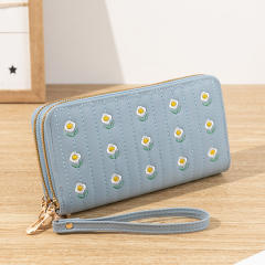 New Women's Long All-match Double Zipper Embroidered Large Capacity Mobile Phone Bag Clutch
