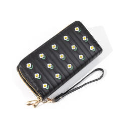 New Women's Long All-match Double Zipper Embroidered Large Capacity Mobile Phone Bag Clutch