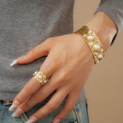Irregular Flower Pearl cuff bangle rings suit stainless steel bracelet suit
