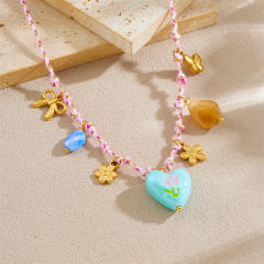 Contrasting Color Braided Rope Stainless Steel Flower Sun Heart enamel charm necklace