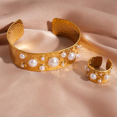 Irregular Flower Pearl cuff bangle rings suit stainless steel bracelet suit