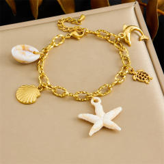 Ocean Series Starfish Scallop Turtle Dolphin charm thick chain stainless steel bracelet