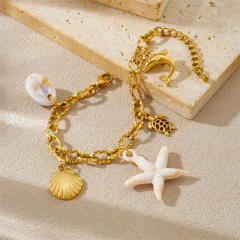 Ocean Series Starfish Scallop Turtle Dolphin charm thick chain stainless steel bracelet