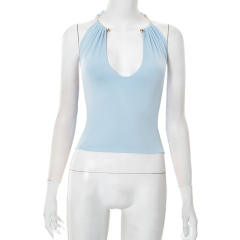 Women's Summer New U-Neck Semi-Circle Metal Halterneck Splicing Ribbon T-Shirt Top