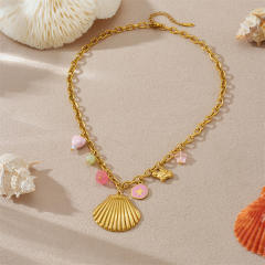 New Marine Series Multi-Element Scallop Starfish Turtle Peach Heart Gold-Plated Stainless Steel Necklace