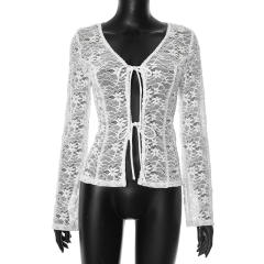 Women's Summer New Pure Color Lace Sexy Long-Sleeved Outer Shirt Tops for Women