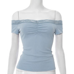 Summer New Pure Color Sleeveless One-Line Collar Lace Sexy Top T-Shirt