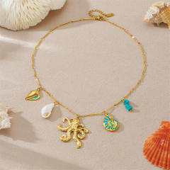 Creative Thin Chain Gold-Plated Blue Conch Octopus charms necklace stainless steel necklace