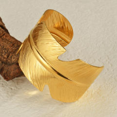 Exaggerated Wide Feather Opening Bracelet Women's Stainless Steel leaf bangle bracelet