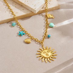 Personality Gold-Plated Sun Scallop Blue Starfish Heart charm Stainless Steel Necklace