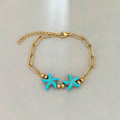 Boho turquoise stone cross starfish turtle stainless steel bracelet beach jewelry
