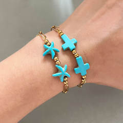 Boho turquoise stone cross starfish turtle stainless steel bracelet beach jewelry