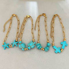 Boho turquoise stone cross starfish turtle stainless steel bracelet beach jewelry