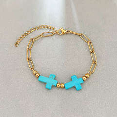 Boho turquoise stone cross starfish turtle stainless steel bracelet beach jewelry