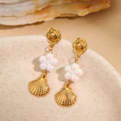 Korean fashion colorful bead flower starfish turtle shell stainless steel earrings