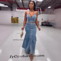 Suspenders Low-Cut Denim Suit Button Long Skirt Suit Wholesale