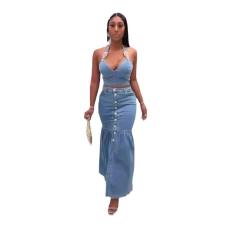Suspenders Low-Cut Denim Suit Button Long Skirt Suit Wholesale