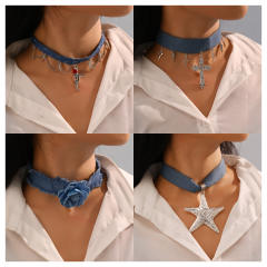 Heavy Industries Blue Denim Beaded Necklace Women's chocker Necklace