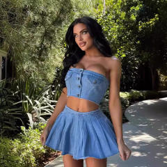 Fashion street trend elastic wrap chest button Denim split skirt suit