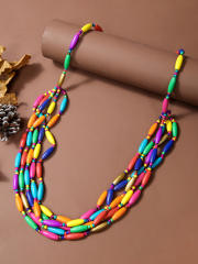 Exaggerated Multi-Color Wooden Bead Earrings Necklace Set Bohemian Handmade Beaded Necklace suit
