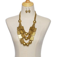 wood beads geometric multi-layer necklace sweater chain earrings suit