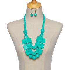 wood beads geometric multi-layer necklace sweater chain earrings suit
