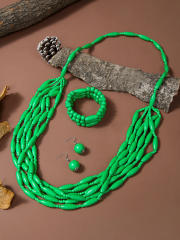 Exaggerated Multi-Color Wooden Bead Earrings Necklace Set Bohemian Handmade Beaded Necklace suit
