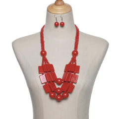 wood beads geometric multi-layer necklace sweater chain earrings suit