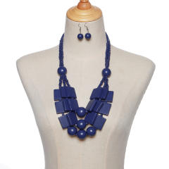 wood beads geometric multi-layer necklace sweater chain earrings suit