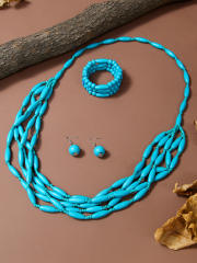 Exaggerated Multi-Color Wooden Bead Earrings Necklace Set Bohemian Handmade Beaded Necklace suit