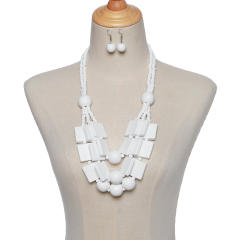wood beads geometric multi-layer necklace sweater chain earrings suit