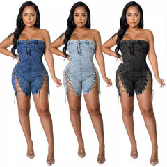 Women's New Wearing Copper Chain Sexy Strapless Denim jumpsuit