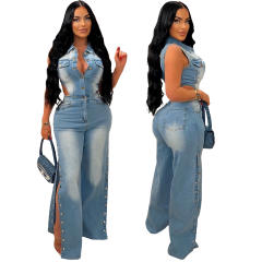 Tight Waist Slim-fit Elastic Wash Water Denim Pants Straight-tube Loose jumpsuit