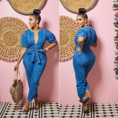 New European American Fashion Women's Loose Denim Short-Sleeved Jumpsuit