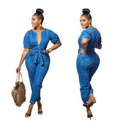 New European American Fashion Women's Loose Denim Short-Sleeved Jumpsuit