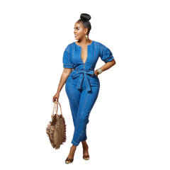 New European American Fashion Women's Loose Denim Short-Sleeved Jumpsuit