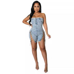 Women's New Wearing Copper Chain Sexy Strapless Denim jumpsuit