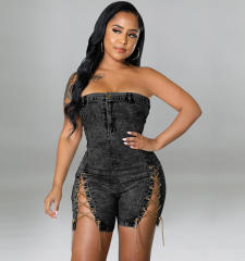 Women's New Wearing Copper Chain Sexy Strapless Denim jumpsuit
