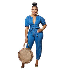 New European American Fashion Women's Loose Denim Short-Sleeved Jumpsuit